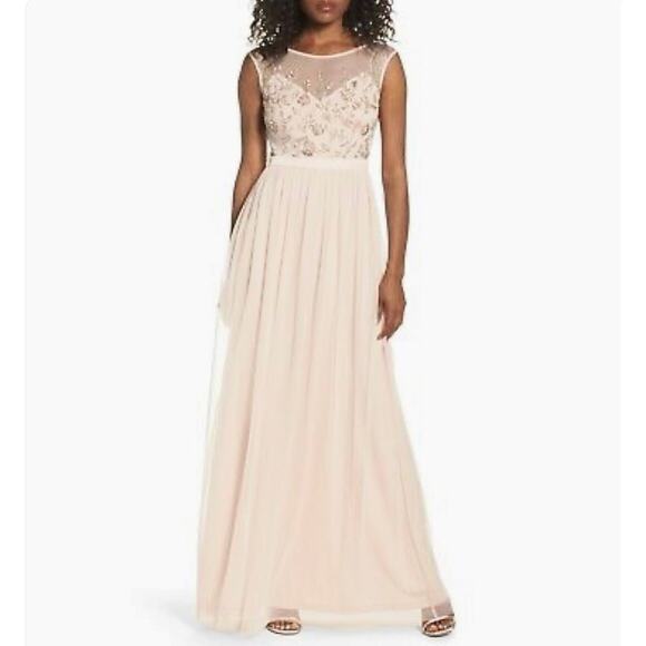ADRIANNA PAPELL BEADED MESH GOWN FORMAL MAXI DRESS NEW WITH TAGS WOMEN SIZE 2/S